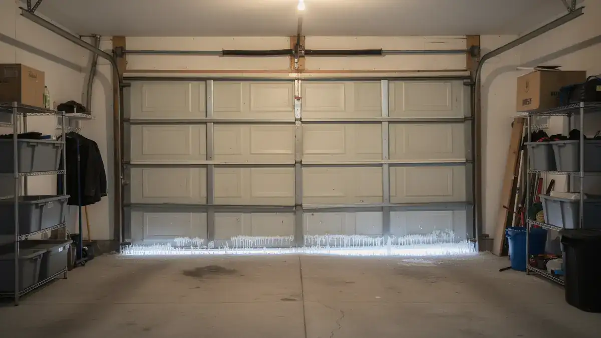 The garage door has icicles along its bottom edge.