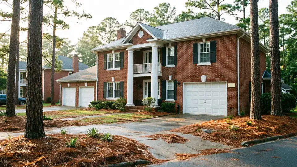 A large brick house has three white garage doors and a columned porch.