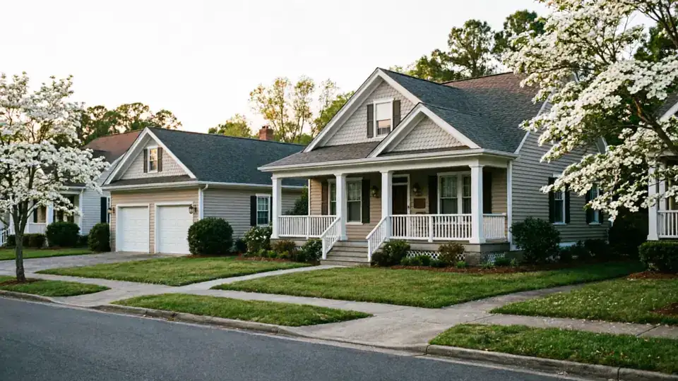 Two houses with white garage doors and blooming trees line a street.