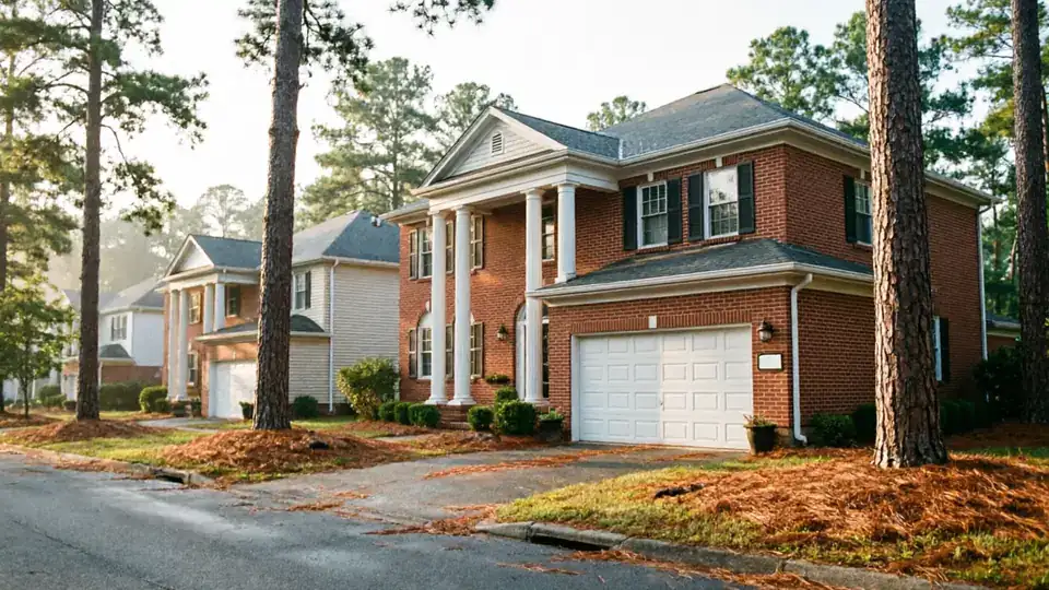 A brick house with a white garage door and white pillars stands among pine trees.