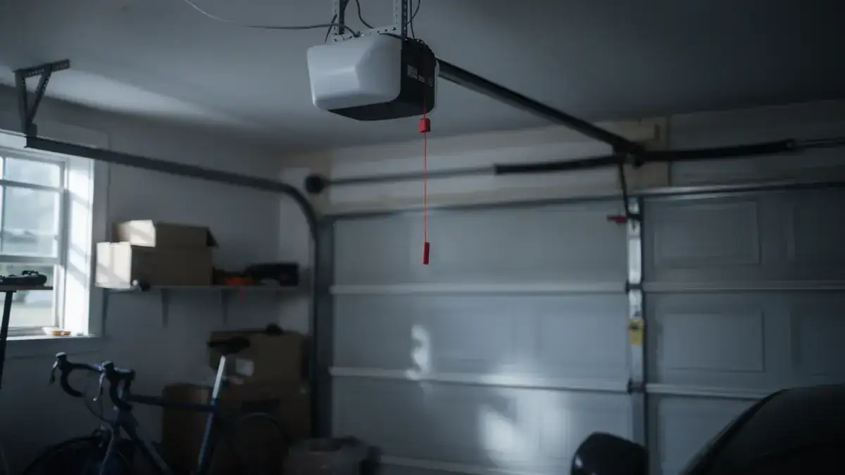 A garage door opener is mounted on the ceiling above a closed garage door.